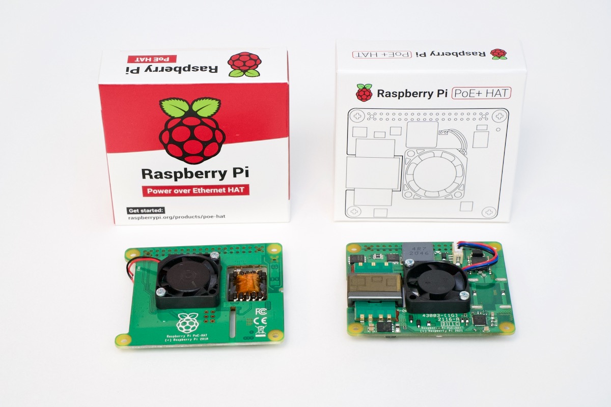 Raspberry Pi PoE HAT and PoE+ HAT and boxes side by side