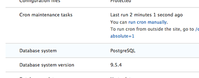 PostgreSQL database engine Drupal 8 status report page
