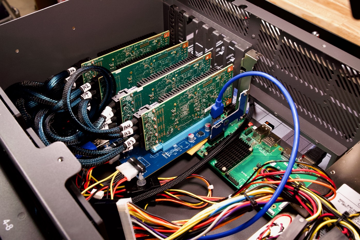 Raspberry Pi Compute Module 4 and Broadcom LSI HBAs inside Storinator XL60 chassis
