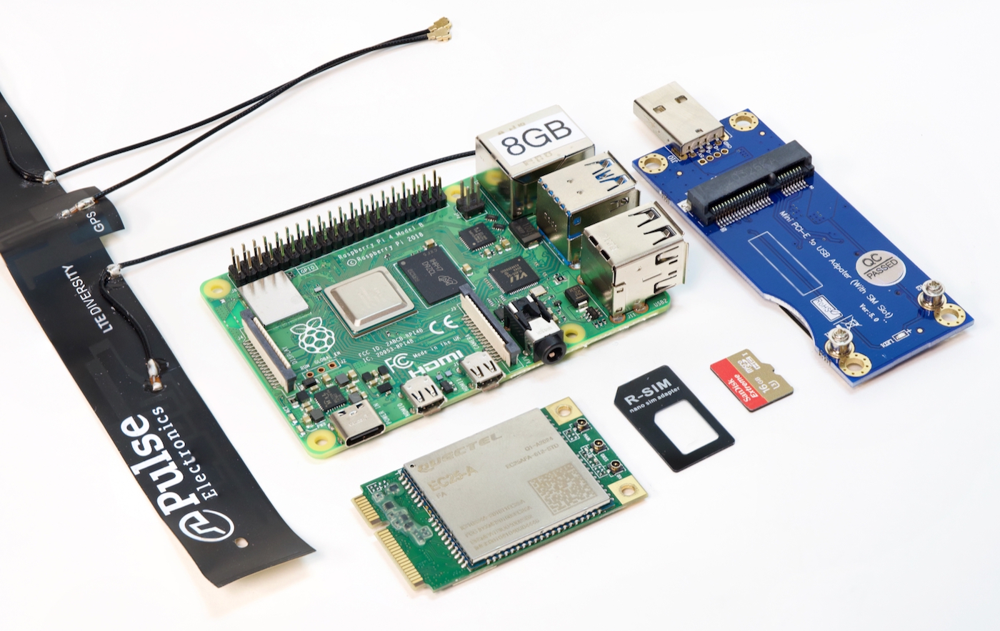 Raspberry Pi 4 model B with 4G LTE wireless Quectel modem and antenna and USB adapter