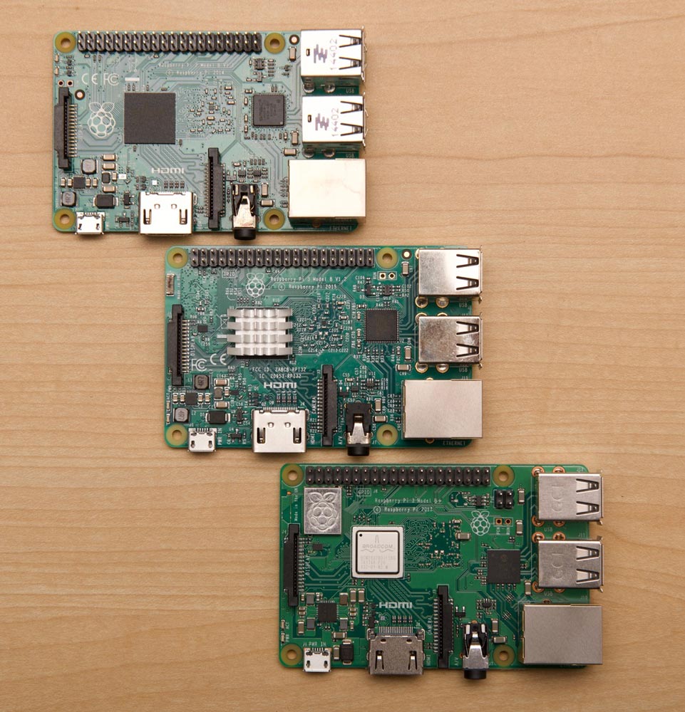 Three generations of Raspberry Pi - model 2 B, model 3 B, model 3 B+