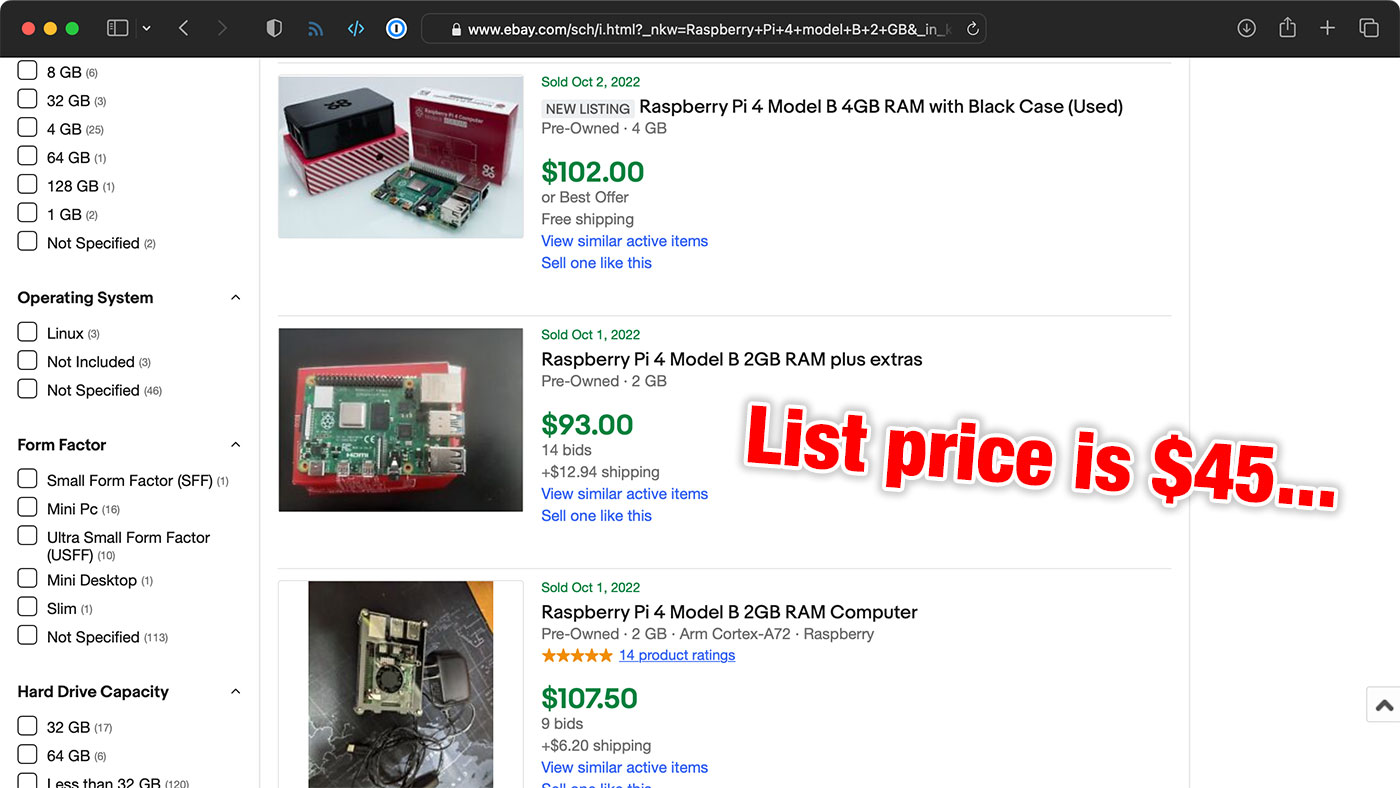 ราคาถลกหนังของ Raspberry Pi บน eBay