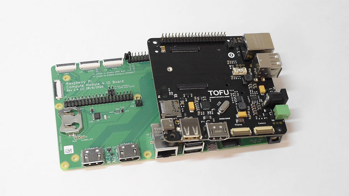 Raspberry Pi TOFU carrier board on top of Compute Module 4 IO Board