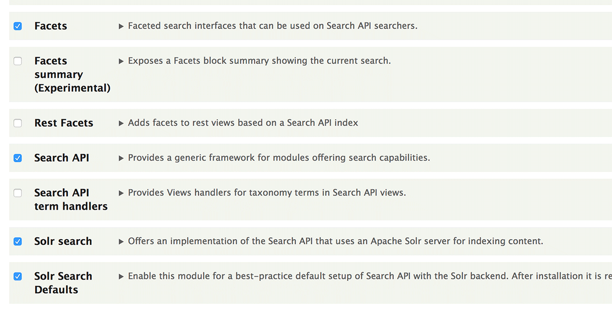 Enable Search API Solr and Facet modules in Drupal 8 UI