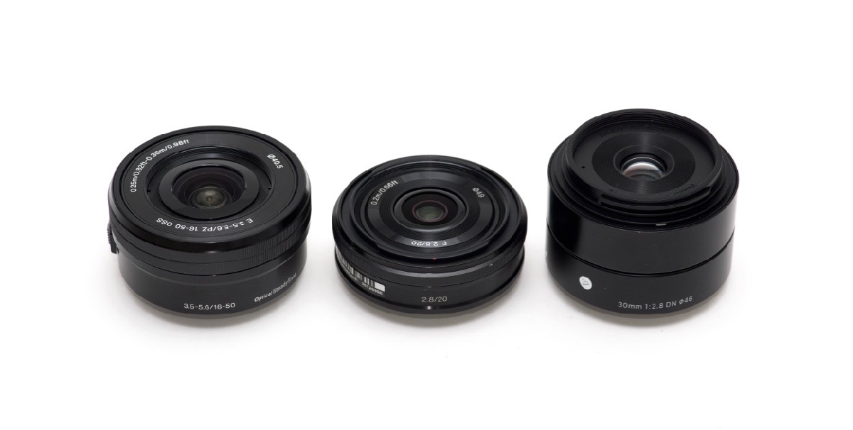 Sony 16-50mm OSS lens, Sony 20mm f/2.8 pancake lens, Sigma 30mm f/2.8 Art lens - alternate angle