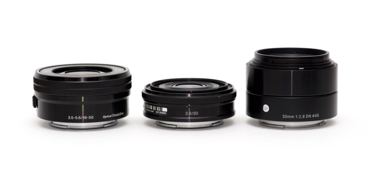 Sony 16-50mm OSS lens, Sony 20mm f/2.8 pancake lens, Sigma 30mm f/2.8 Art lens