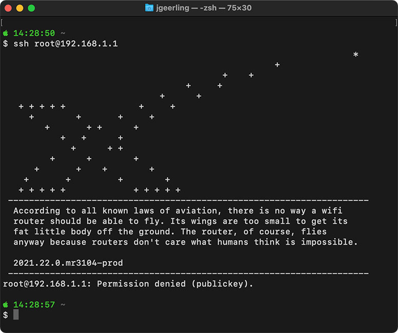 SSH into Starlink Router - ASCII Art Logo of SpaceX and Bee Movie Quote