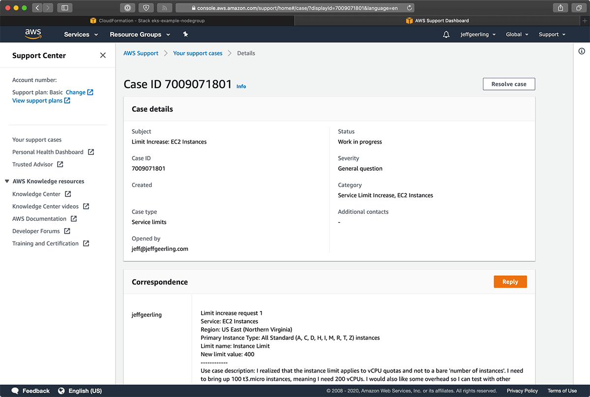 Filing an AWS Support Case for an EC2 instance vCPU limit increase - 400 vCPU