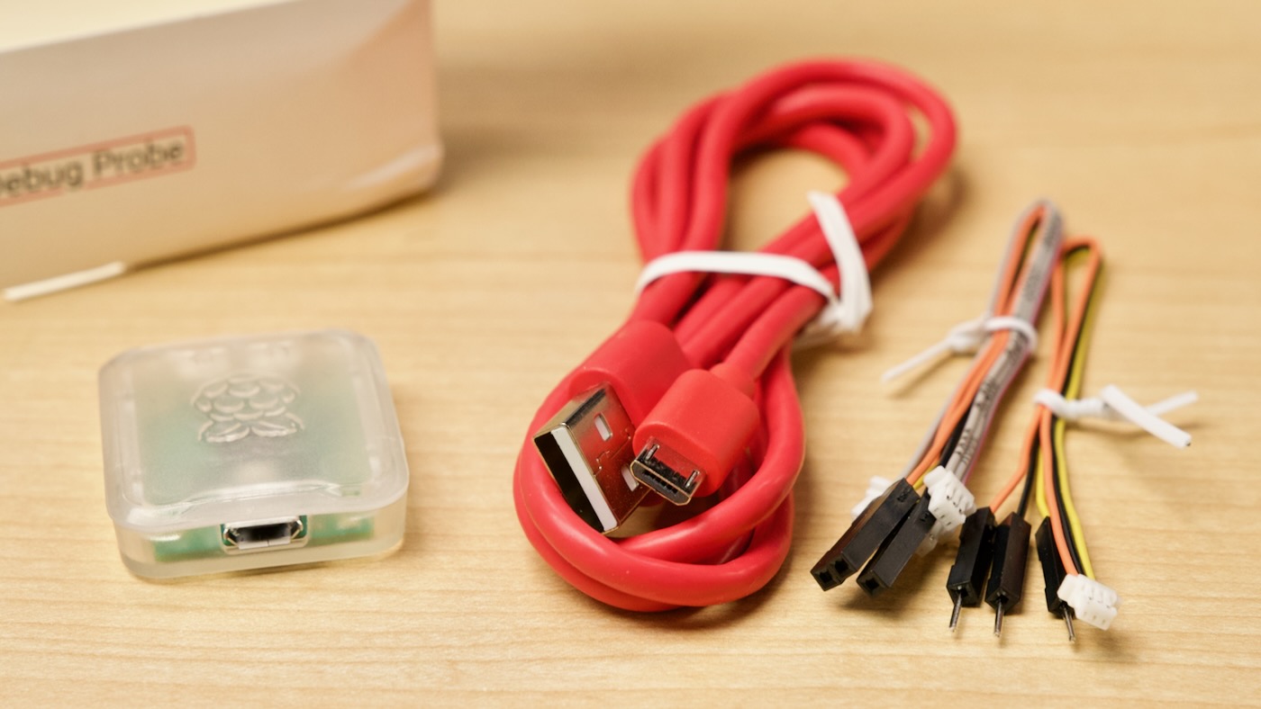 Micro USB cable and UART and SWT debug cables with Raspberry Pi Debug Probe
