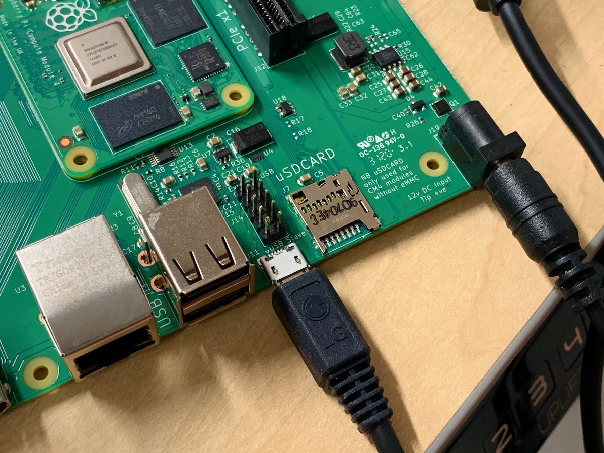 Plug in USB Slave and power on Raspberry Pi Compute Module 4 IO Board for eMMC flashing