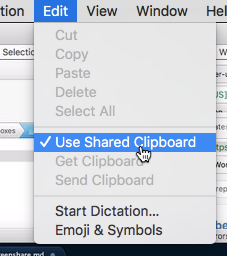 Use Shared Clipboard menu option in Screen Sharing