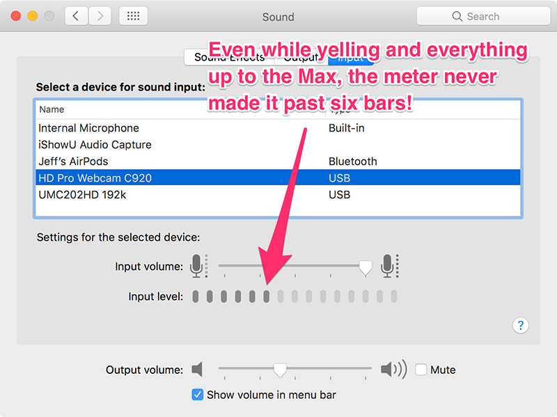 Input bars at 6 max - not good sound in System Preferences Sound Input panel